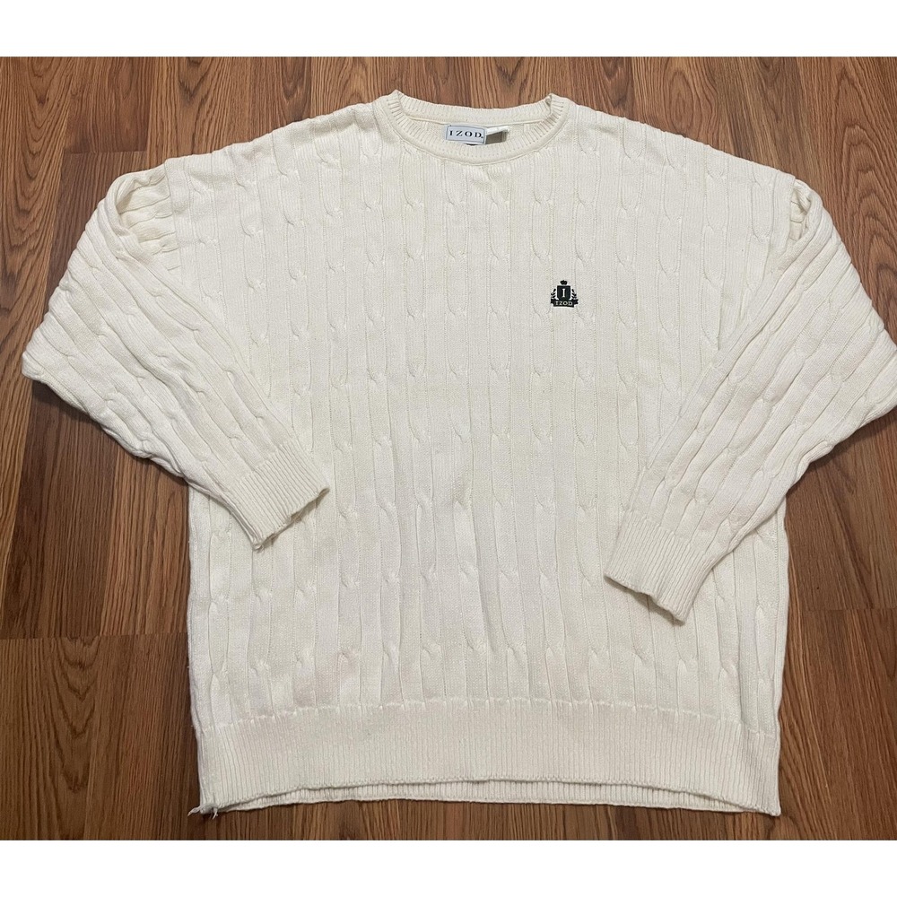 IZOD Sweater Mens XL Cable Knit Crewneck Crest Logo Made USA Ivory